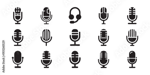 Studio condenser microphone icons for radio broadcasting and voice recording professional audio tools