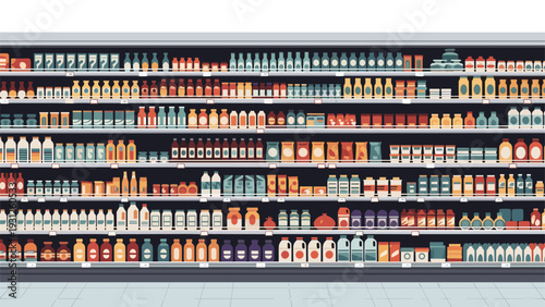 Organized supermarket shelves packed with a wide variety of bottled drinks, jars, and packaged food products in a retail grocery store.