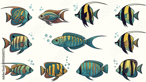 Comprehensive collection of tropical fish with vibrant colors and bubbles isolated on a light cream background.