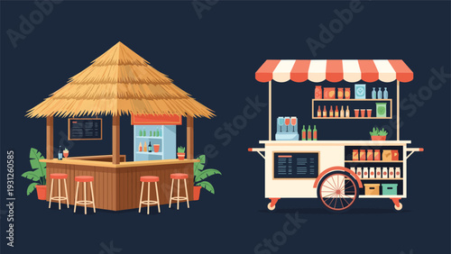 Two types of outdoor beverage service stations including a tropical thatched beach bar and a mobile street vending cart.