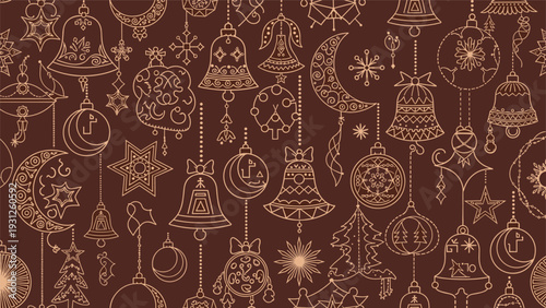 Seamless vintage pattern featuring hand drawn Christmas ornaments like bells, stars, and moons on a dark brown background.