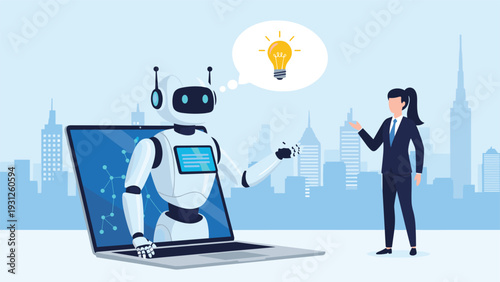 Futuristic artificial intelligence robot emerging from a laptop screen to share an idea with a professional businesswoman in city.