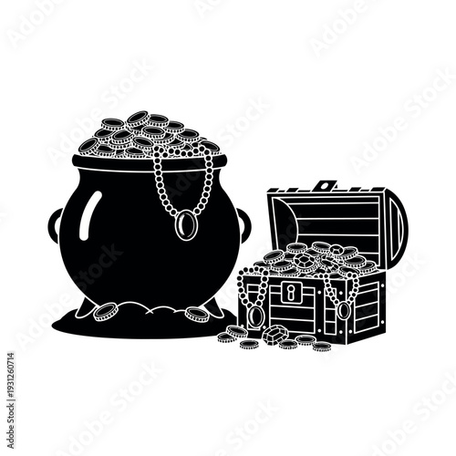 Pot of Gold and Treasure Chest Silhouette.