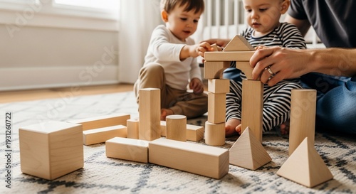 Father and Toddlers Building Tower with Wooden Blocks on Patterned Rug in Bright Light