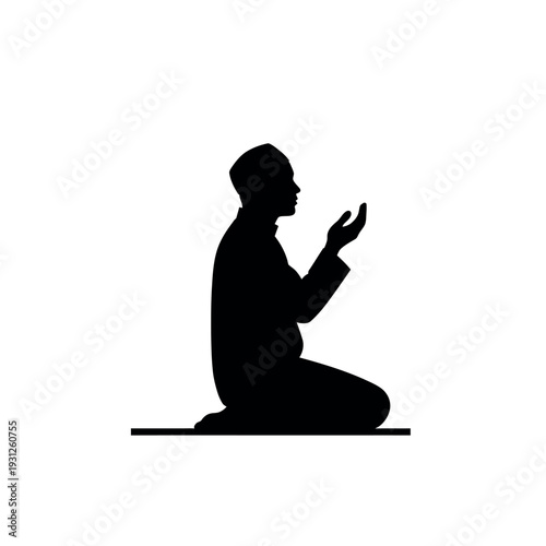 Silhouette of a Muslim man praying on a white background.