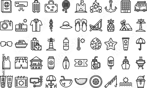Collection of various travel and leisure icons in simple line art style.