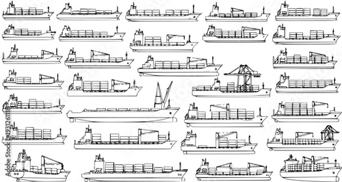 Collection of Detailed Line Art Vector Illustrations of Various Cargo and Container Ships for Maritime Transport and Logistics