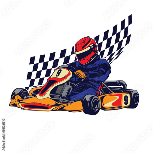 Go Kart Racing Driver with Checkered Flag Vector Illustration