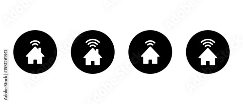 Smart home wifi signal icon in black circle. Modern home network symbol. Residential wireless internet sign