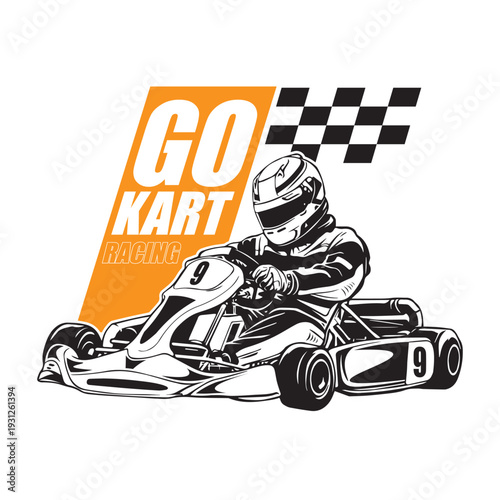Go Kart Racing Driver with Checkered Flag Vector Illustration