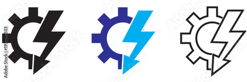 Electricity icon. Minimal flat design illustration featuring electric icons in black, blue, and white variations on light background.