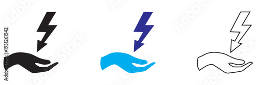 Electricity icon. Minimal flat design illustration featuring electric icons in black, blue, and white variations on light background.