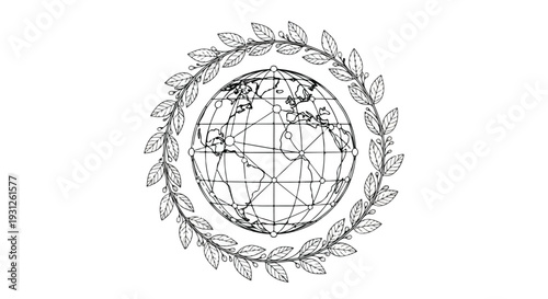 Global Connectivity Network Vector with Earth Globe and Laurel Wreath in Black Line Art