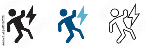 Electricity icon. Minimal flat design illustration featuring electric icons in black, blue, and white variations on light background.