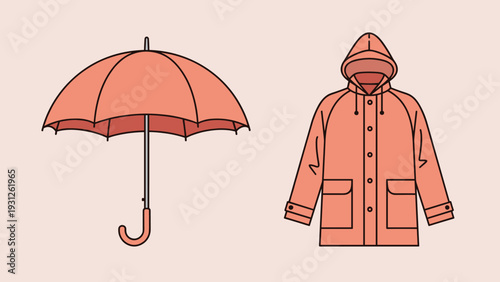 Practical combination of an open umbrella and a waterproof rain jacket, both in a stylish reddish-orange color, ideal for inclement weather.