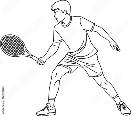 Line drawing of a male tennis player preparing to hit a forehand shot