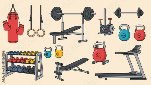 Extensive collection of various gym and fitness equipment, including a punching bag, free weights, bench press, treadmill, and kettlebells, for a complete workout.