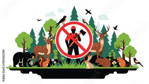 Powerful "No Deforestation" concept illustration depicting a diverse forest ecosystem with animals, protected by a stop sign over a lumberjack.