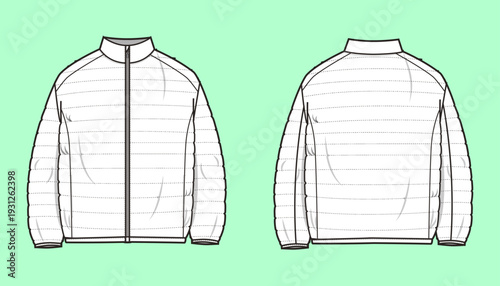 Puffer Jacket Zip-Up Quilted Outerwear Technical Fashion Flat Sketch Template