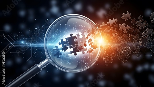 Strategic problem solving and business analytics research. Finding solutions and data discovery. Magnifying glass focusing on blue puzzle pieces connecting together in a digital space