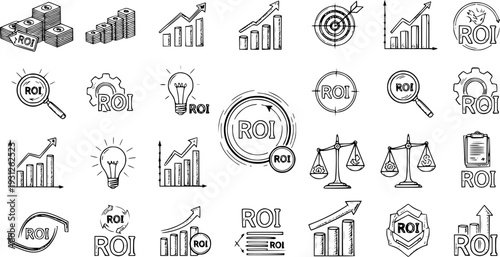 Return on Investment (ROI) Doodle Icon Set: Hand-Drawn Business Finance Symbols