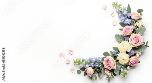 Elegant crescent-shaped floral arrangement with pink roses, yellow ranunculus, blue flowers, and green eucalyptus leaves on a clean white background, perfect for invitations or decorative purposes.