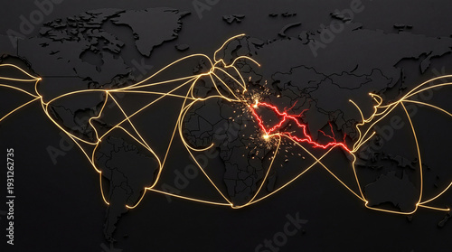 Global Supply Chain Disruption, Middle East Maritime Trade Route Crisis, Shipping Container Logistics Concept
