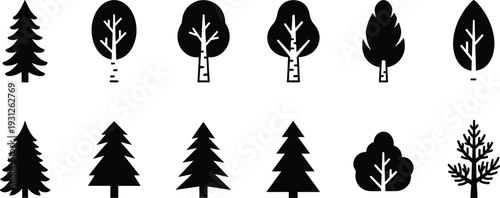 Silhouette of deciduous and coniferous tree icons, black and white vector illustration, stylized artwork design symbolizing forest ecology, biodiversity, wilderness, and natural landscapes