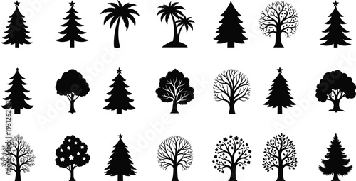 Silhouette of diverse tree icons including coniferous, deciduous, palm, and decorative varieties, black and white vector illustration symbolizing forest ecology, seasonal themes, and landscapes