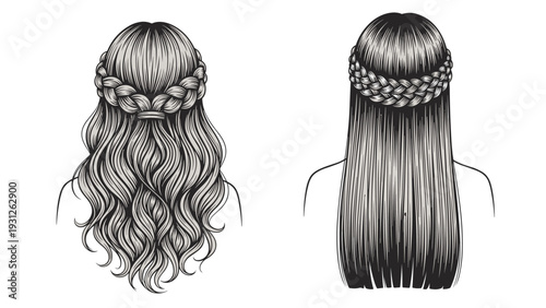 Two elegant illustrations of women's braided hairstyles, showcasing intricate designs for special occasions and fashionable looks.