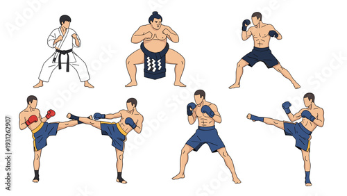 Diverse collection of male characters demonstrating various martial arts poses, including karate, sumo, kickboxing, and boxing.