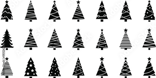 Silhouette of stylized Christmas trees with decorative ornaments, black and white holiday illustration, vector artwork symbolizing festive decoration, seasonal celebration, and winter tradition