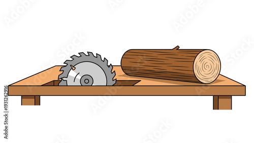 Detailed illustration of a circular saw on a workbench, precisely cutting a log of wood, representing carpentry and woodworking.