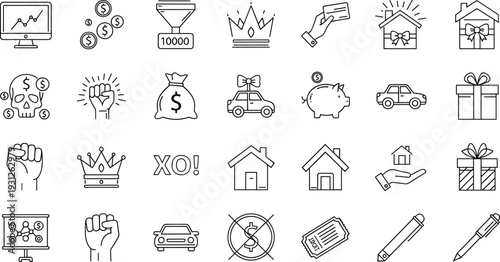 Business and Finance Line Icons Set with Money Car House and Investment Symbols, Minimal Outline Vector Collection