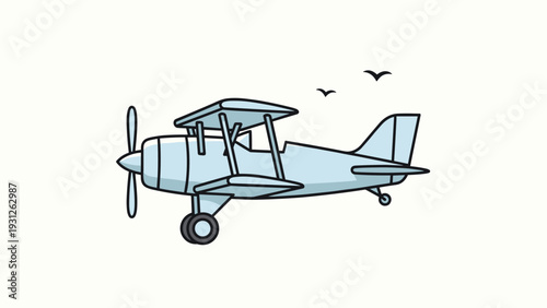 Charming illustration of a classic biplane with birds flying around, evoking nostalgia for early aviation and peaceful skies.