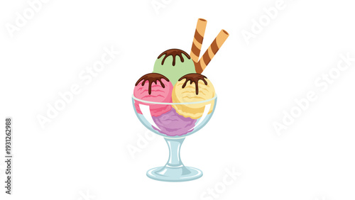 Delicious and colorful ice cream sundae in a glass, topped with chocolate syrup and wafers, perfect for a sweet treat.