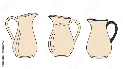 Collection of three traditional milk pitchers or jugs in various shapes, perfect for kitchen, dairy, or beverage-related designs.