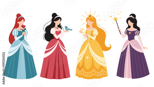 Enchanting collection of four fairytale princesses in elegant gowns, each with unique attributes, symbolizing magic, dreams, and royalty.