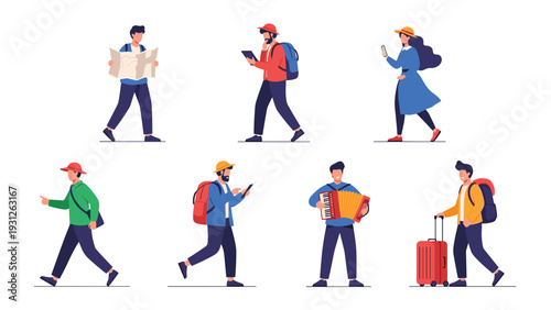 Diverse collection of people traveling, showcasing various modes of exploration including reading maps, carrying luggage, and playing accordion.