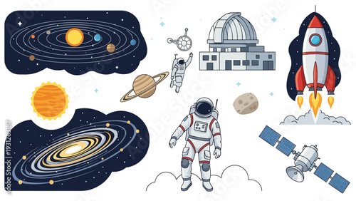 Comprehensive collection of various space elements, including planets, solar system, astronauts, rockets, satellites, and observatories.