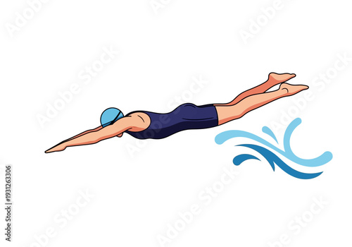 A female swimmer in a navy blue swimsuit diving into the water with a splash viewed from the side