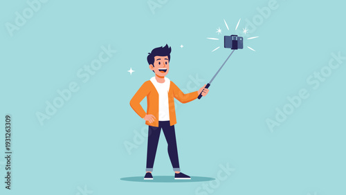 Energetic young man happily taking a selfie with a modern selfie stick and a smartphone, capturing a cheerful self-portrait.