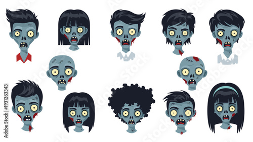 Diverse collection of cartoon zombie faces, featuring various hairstyles and expressions with decaying skin and bloodstains, ideal for Halloween.