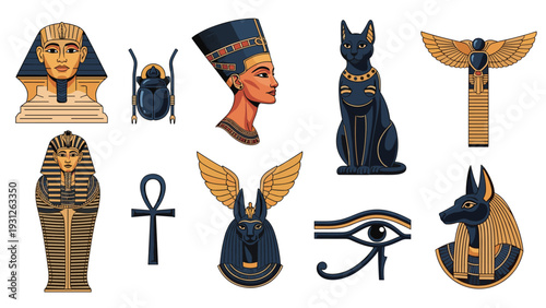Collection of ancient Egyptian symbols and artifacts, including pharaohs, scarabs, cats, ankhs, and the Eye of Horus.