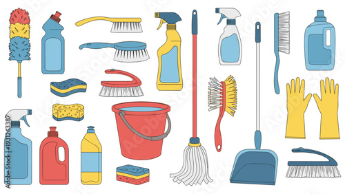 Comprehensive collection of various cleaning supplies, including brushes, sponges, sprays, detergents, a mop, bucket, and gloves, for effective household chores.