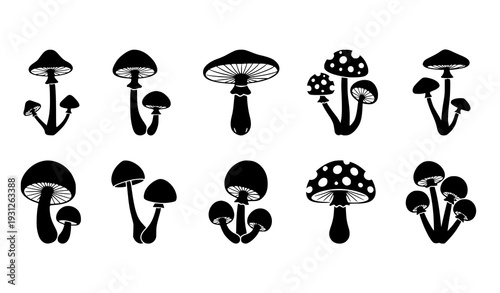 Flat mushroom silhouette icon set vector fungi collection isolated on white background