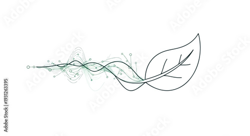 Minimalist Green Leaf with Abstract Data Waves and Nodes Representing Biotechnology and Sustainability