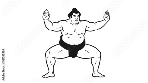 Powerful black and white illustration of a sumo wrestler in a traditional, low stance, demonstrating strength and preparation for a bout.