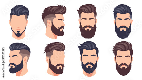Collection of diverse men's beards and hairstyles, showcasing various modern and trendy cuts and facial hair styles from different angles.