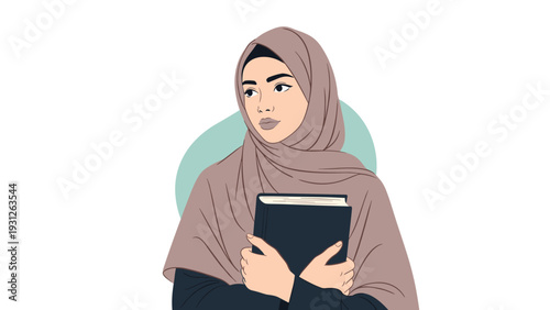Thoughtful young Muslim woman wearing a beige hijab, holding a dark book close to her, representing education, faith, and knowledge.